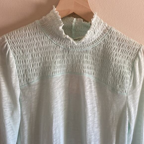 NWT Free People Caroline Mock Turtleneck Smocked Top Iced Aqua Mint Top - Picture 3 of 9